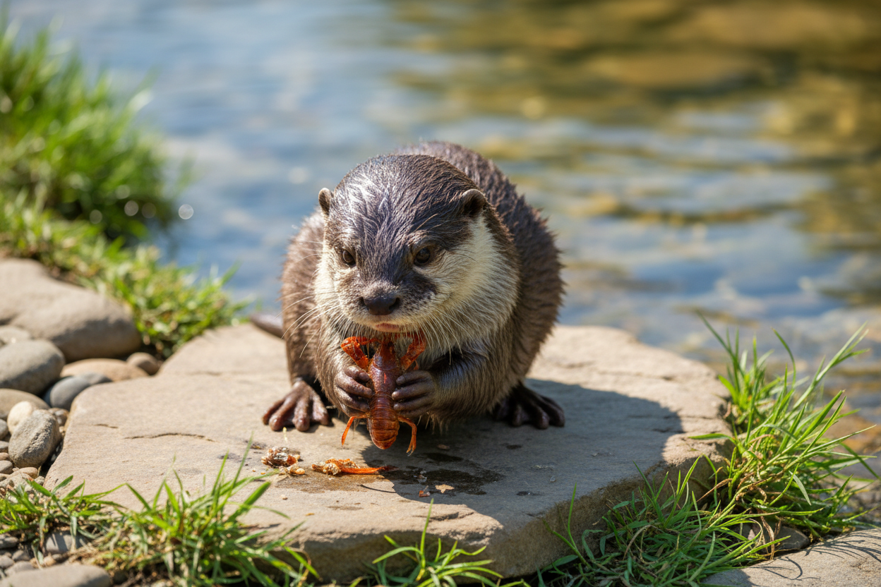 image generation 屋外の自然な川辺の環境で、コツメカワウソが平らな岩の上に座り、小さな前足を使って甲殻類を器用に解体している様子を正面やや斜め上から捉えた横長構図