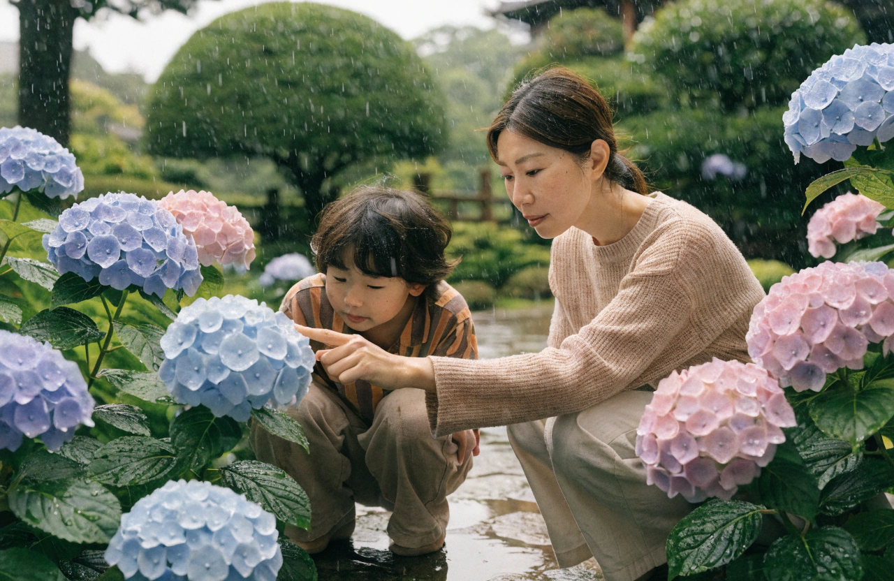 image generation 梅雨の薄曇りの日本の庭園で、30代の日本人女性と小学生の子どもが並んでしゃがみ込み、咲いたばかりのガクアジサイを近くで観察している場面