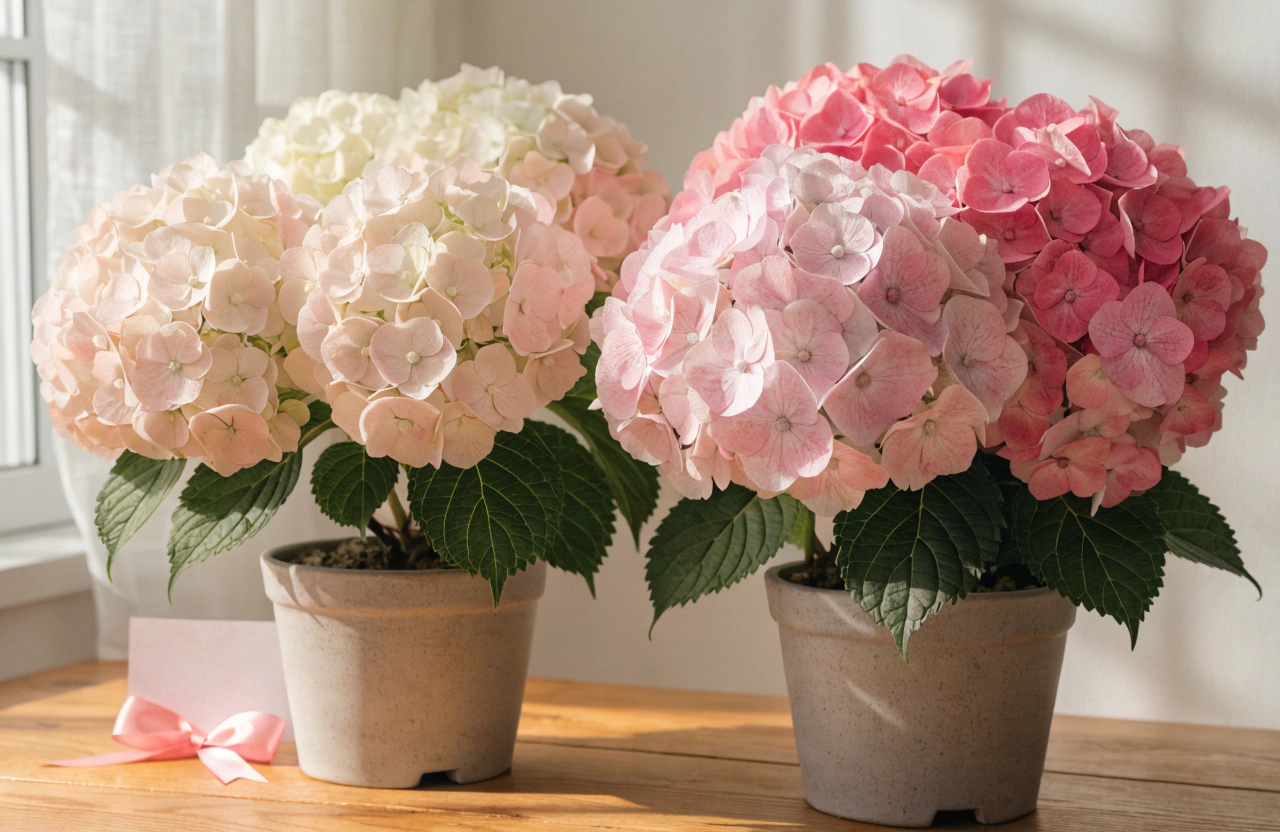 image generation 明るい室内の木製テーブルの上に、ピンクと白のあじさいの鉢植えが並べて置かれている場面