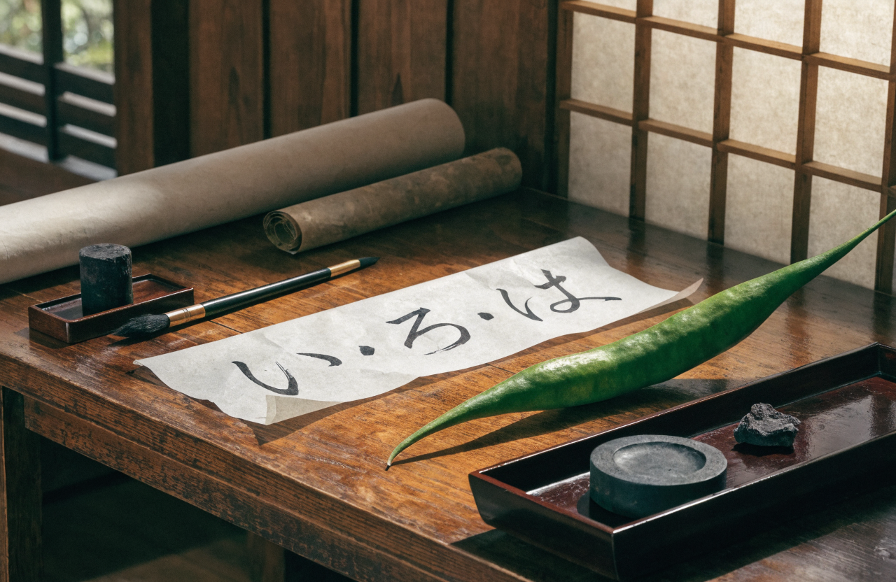 江戸時代の日本の書物や巻物を広げた木製の文机の上に、ヘチマの実とひらがなの「い・ろ・は」が書かれた和紙が置かれている場面