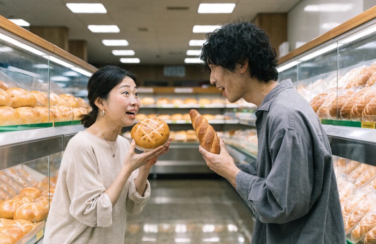 image generation 明るい照明の日本のスーパーマーケットまたはパン屋の店内パンコーナーを背景に、30代の日本人女性と日本人男性の二人が棚の前に立ち、二種類のパンを手に取りながら楽しそうに会話している場面