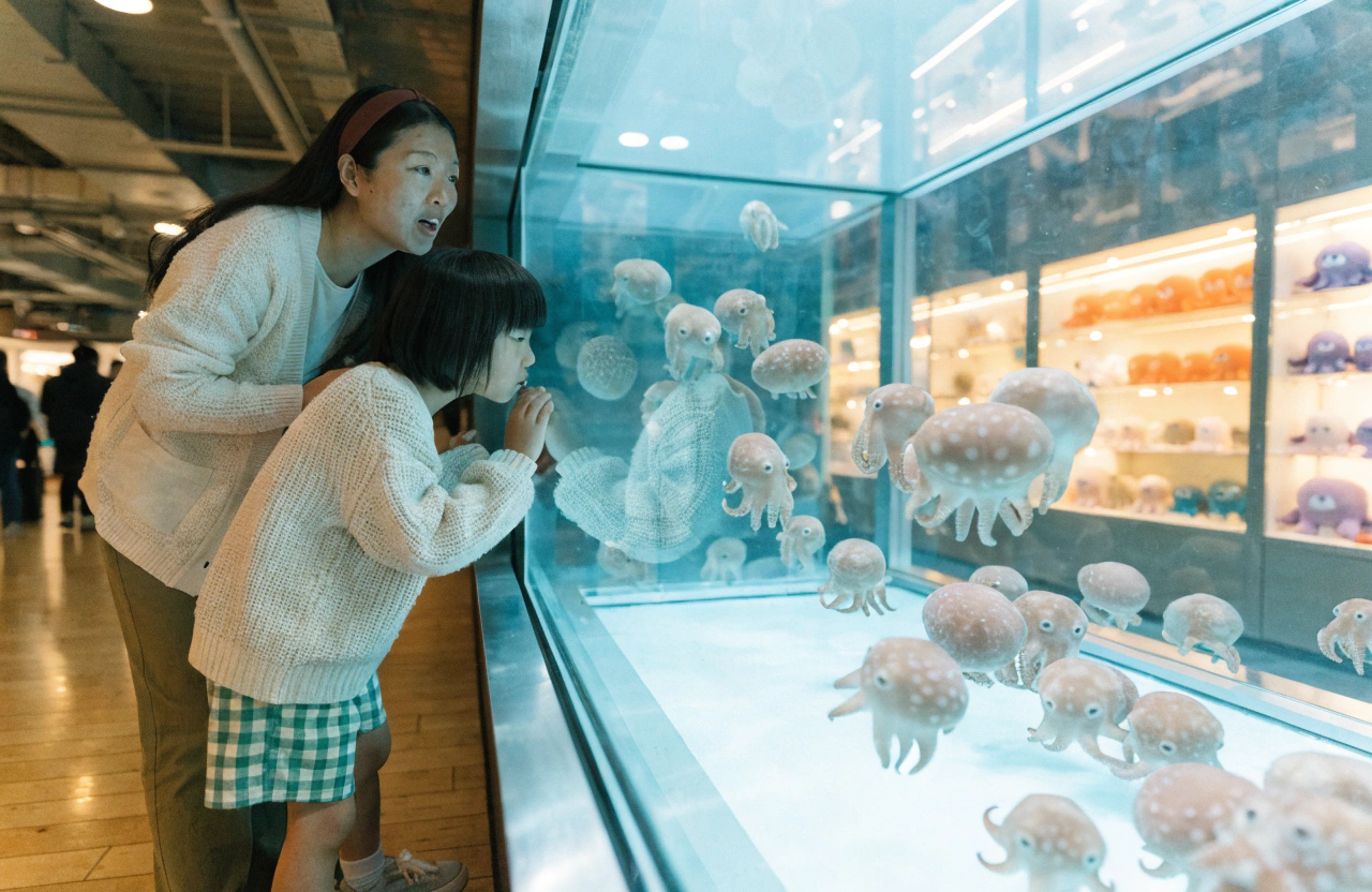 明るく清潔感のある水族館の館内で、30代の日本人女性と小学生くらいの子どもが並んでメンダコの水槽をガラス越しに眺めている場面