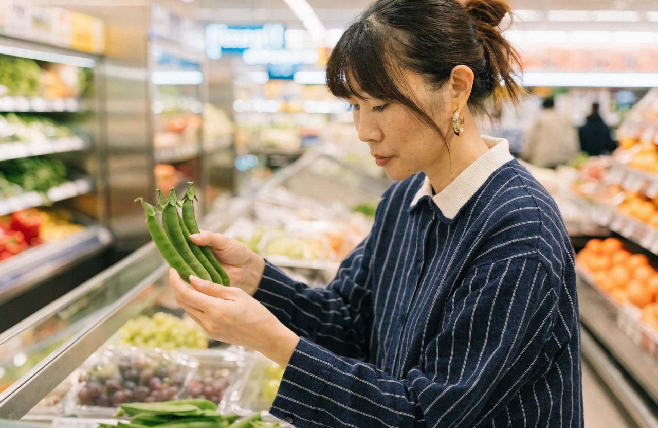明るいスーパーの青果売り場で、30代の日本人女性が鮮やかな緑色のそら豆のさやを両手で持ち、さやの張り具合や豆の形を確認している自然な場面。