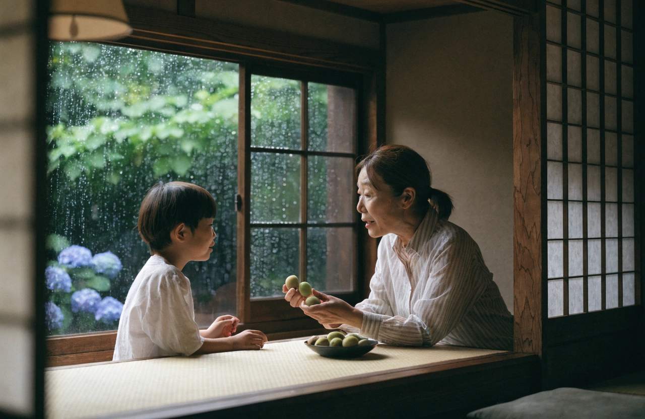 雨上がりの静かな縁側や和室の窓辺で、中年の日本人女性が小学生くらいの子どもに梅の実を見せながら穏やかに話しかけている場面
