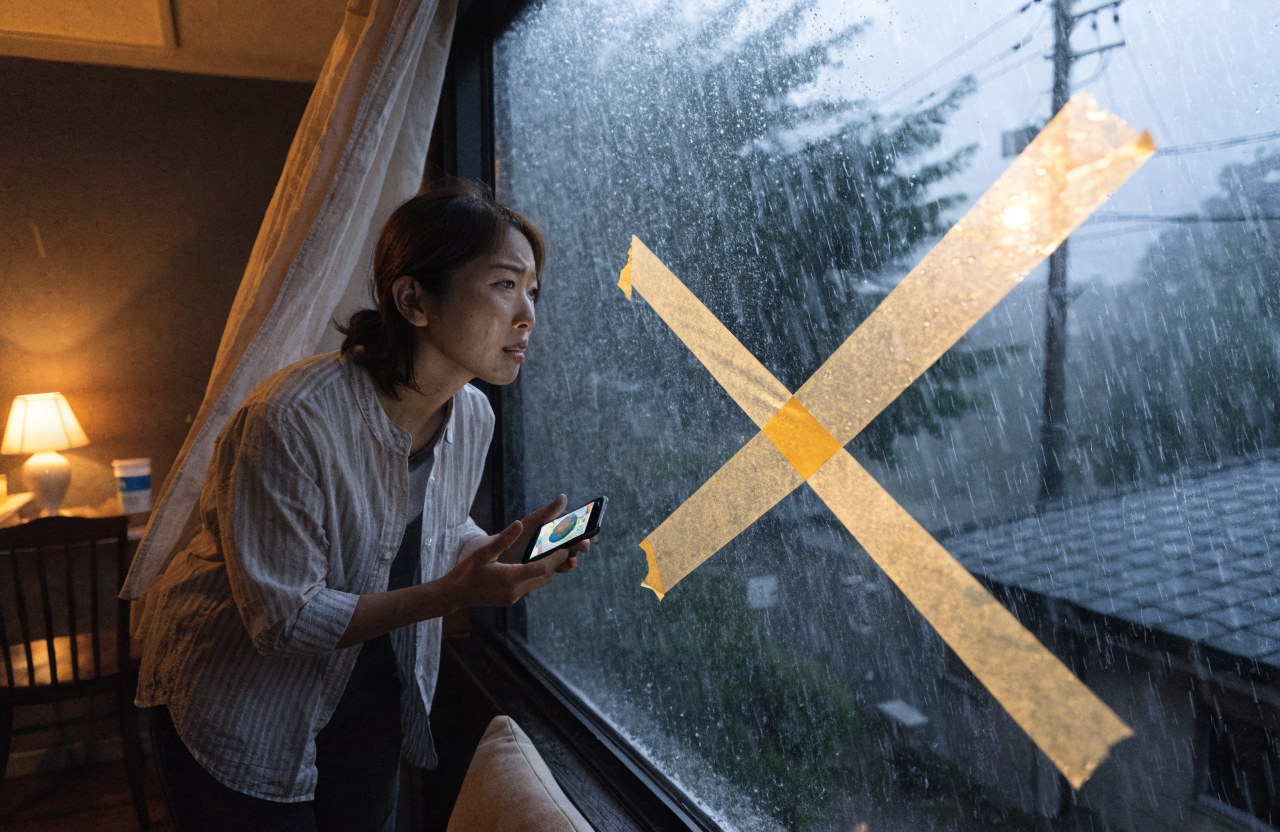 台風が接近している夜、室内の窓際に立つ30代日本人女性が、外の激しい暴風雨を心配そうに見つめている場面