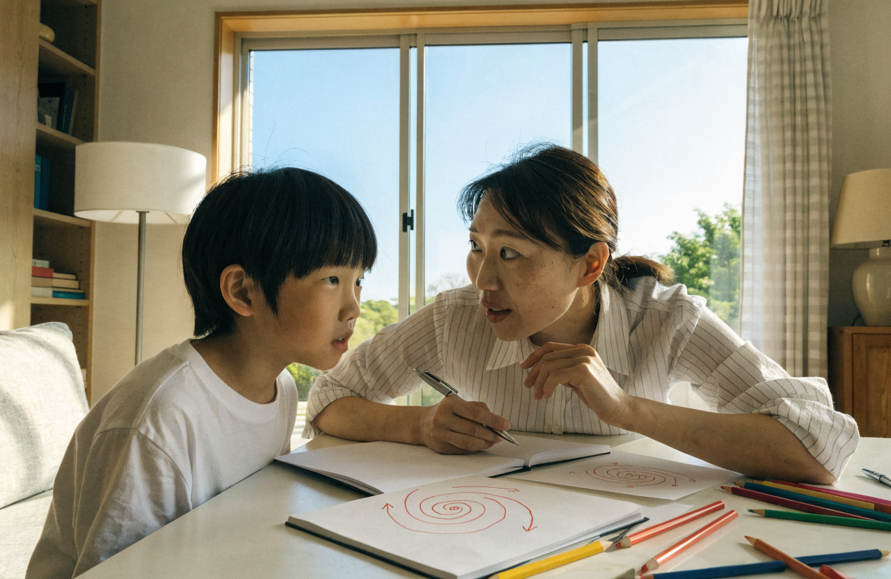 明るいリビングで、30代の日本人女性と小学生くらいの子どもがテーブルを囲んで向き合っている場面