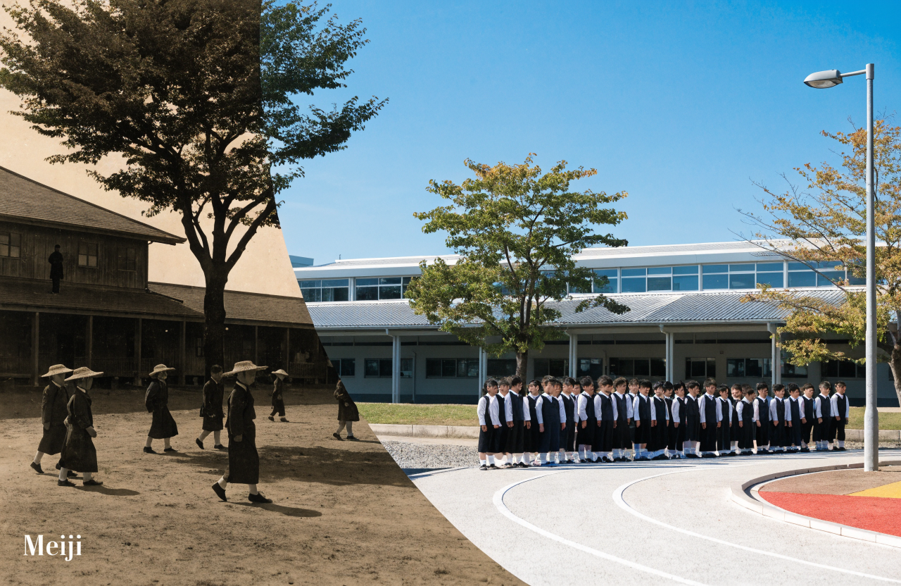 明治時代の日本の学校をイメージした屋外の広場で、モノクロームのセピア調と現代のカラーが融合したビジュアル