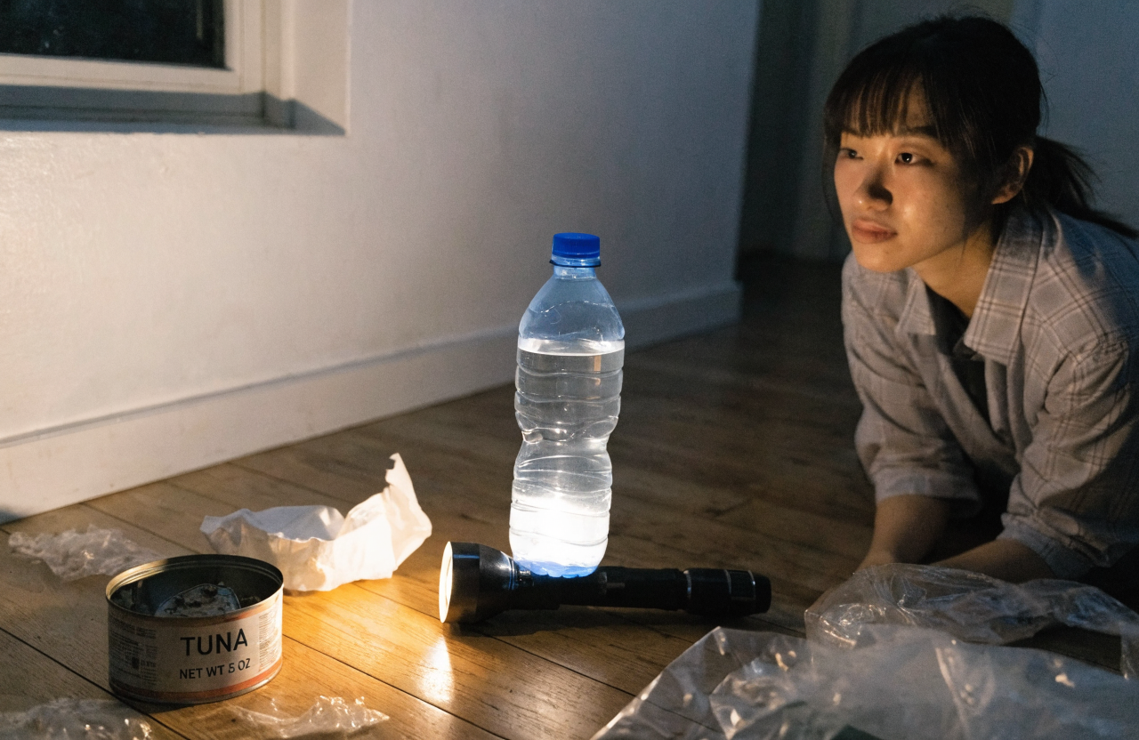 暗くなった室内の床に置かれた懐中電灯の上に、水が満タンに入った透明なペットボトルが乗せられており、光がペットボトルを通してやわらかく四方に拡散し、部屋全体をランタンのようにほんのりと照らしている夜の室内シーン