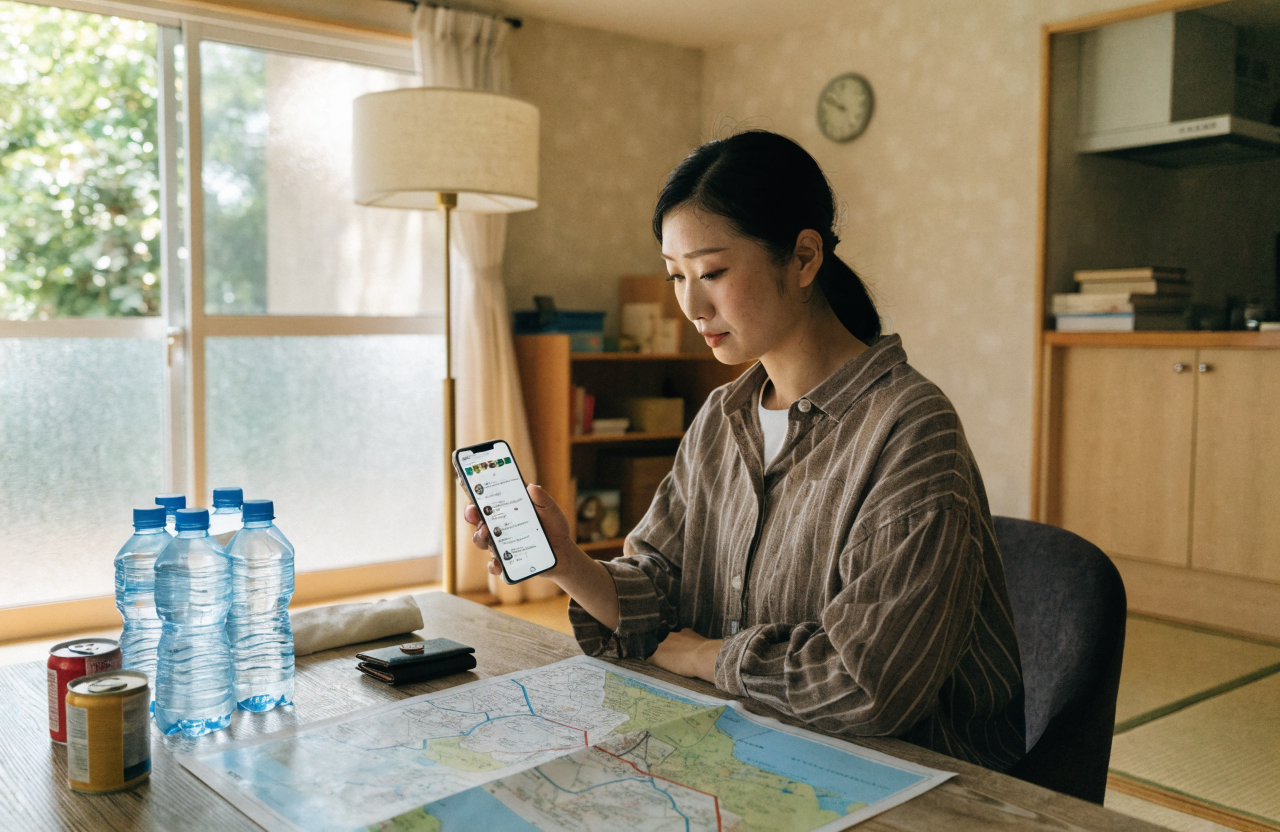 日本の住宅の明るいリビングで、30代の清潔感ある日本人女性が地図を広げた机の前に座り、傍らに置かれたスマートフォンでLINEのグループ画面を確認している場面