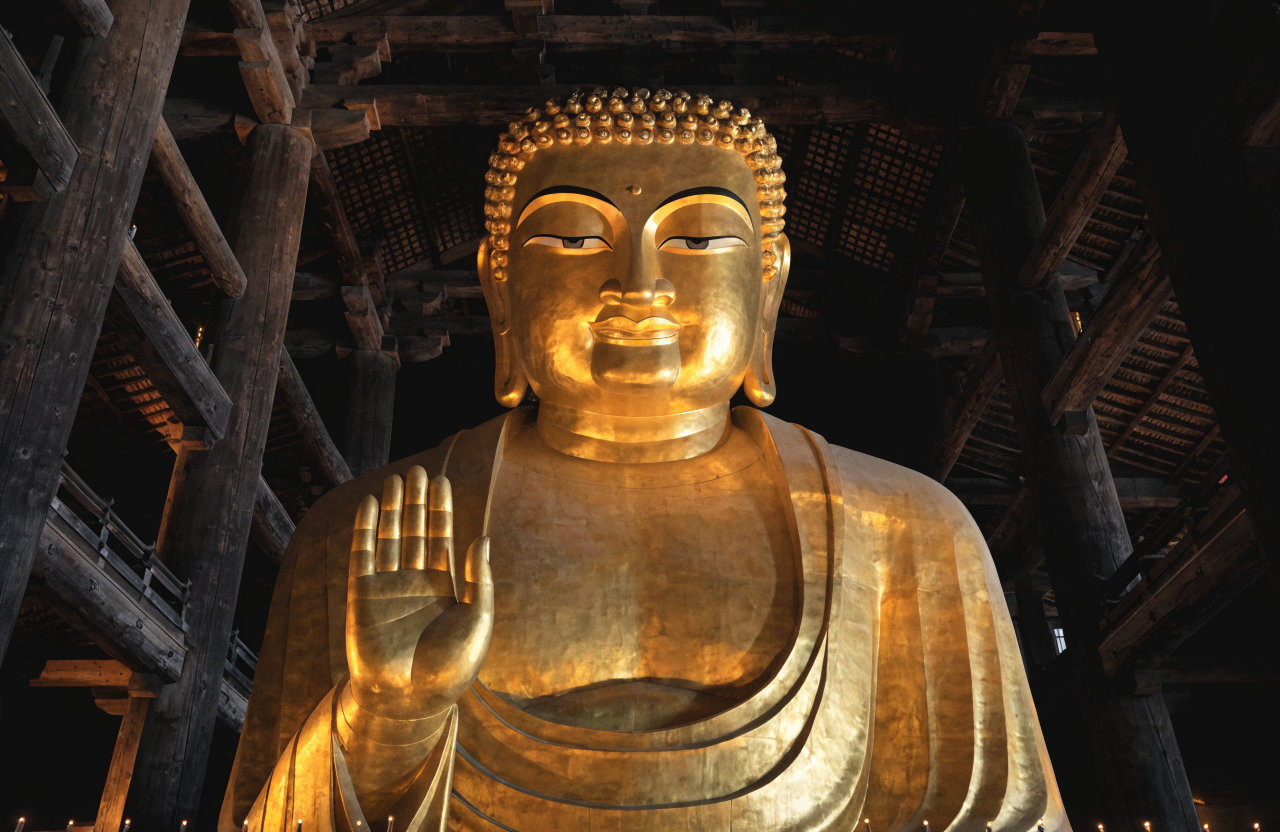 東大寺の大仏殿内部、薄暗い堂内に金色の巨大な盧舎那仏坐像が正面から映し出されている場面