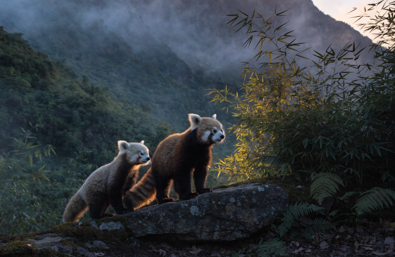 霧がたちこめるヒマラヤ山麓の竹林の中、夕暮れの薄明かりの中でレッサーパンダが地面近くの岩の上に立ち、遠くを見渡している場面