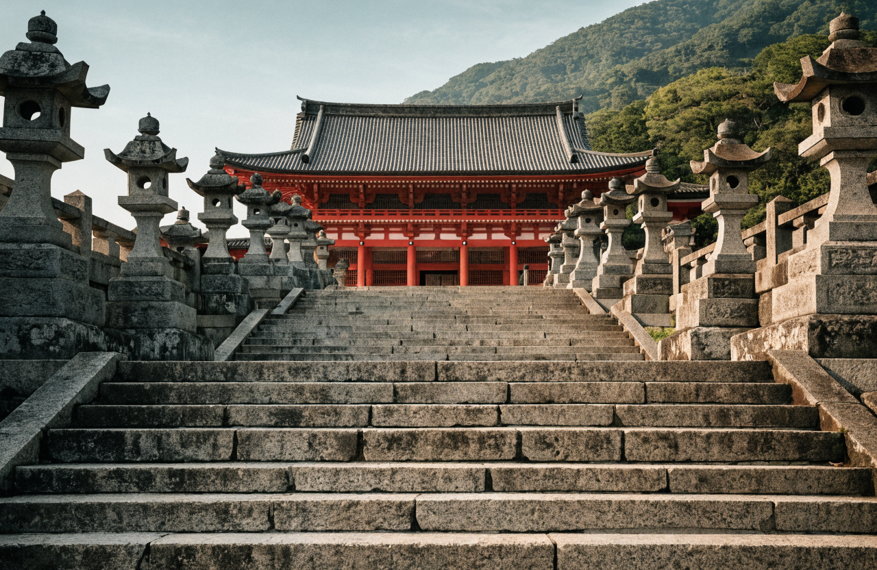 鶴岡八幡宮の朱塗りの本宮社殿を石段の下から仰ぎ見た構図