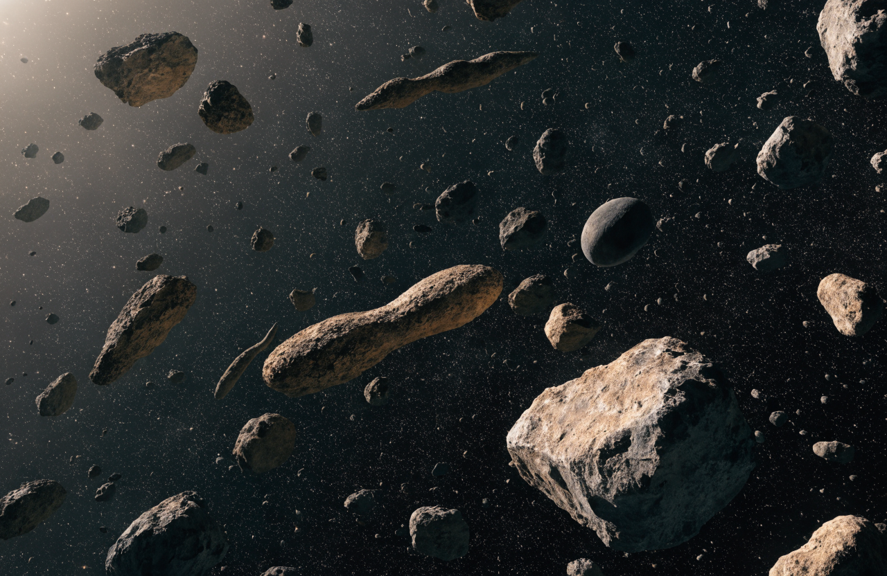 火星と木星の間に広がる小惑星帯をイメージした宇宙空間の俯瞰シーン