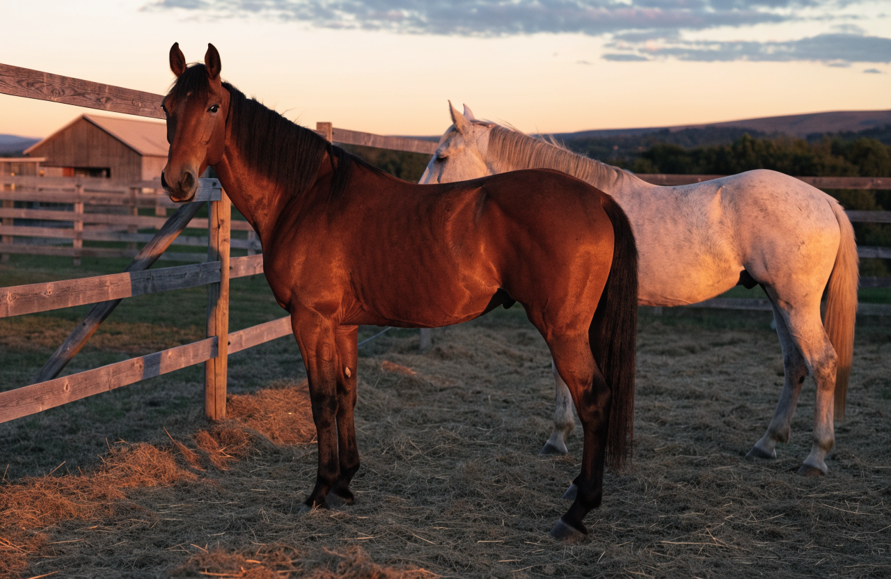 夕暮れ時の牧場で、数頭の馬が柵の中に佇んでいる場面