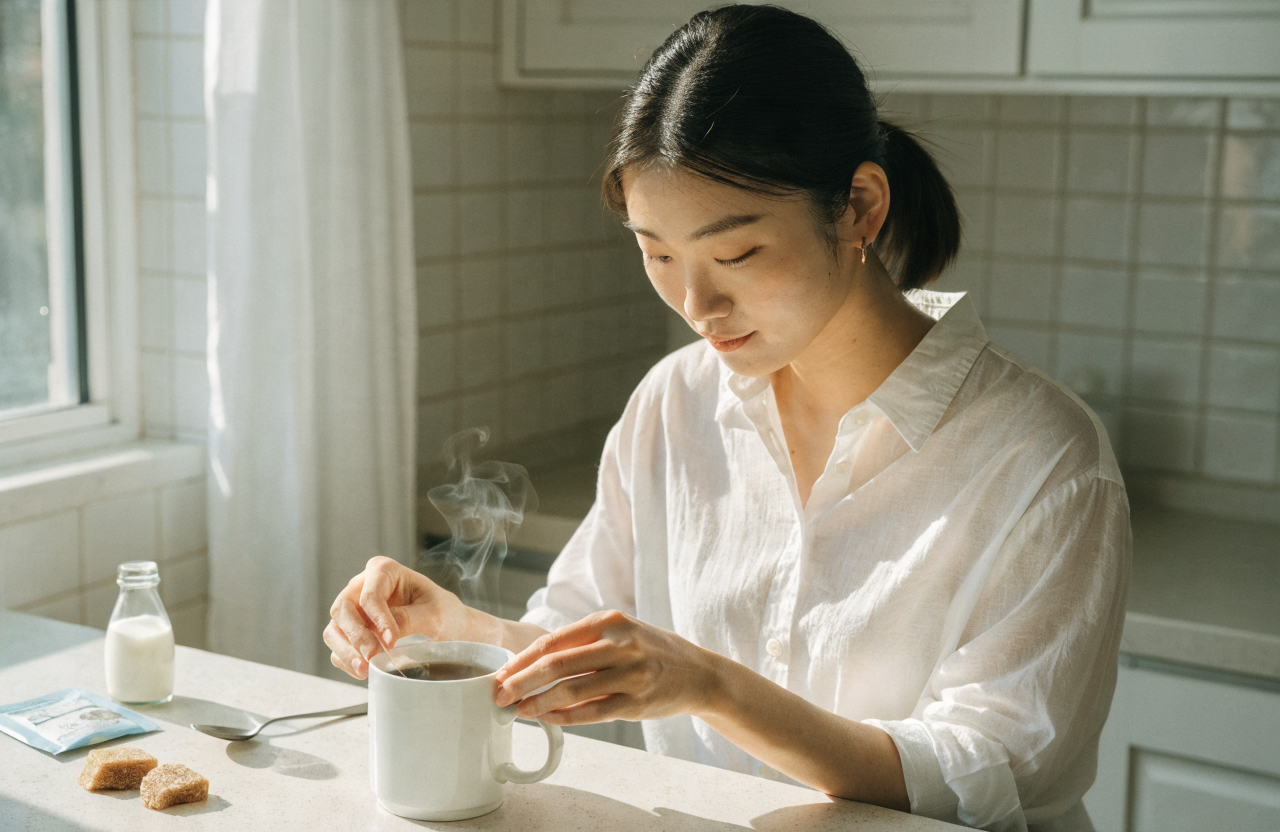 清潔感のある明るいキッチンカウンターで、肌が綺麗で整った顔立ちの清潔感のある20代日本人女性が、白いマグカップにティーバッグを入れ蓋代わりの小皿をそっとのせて蒸らしている場面
